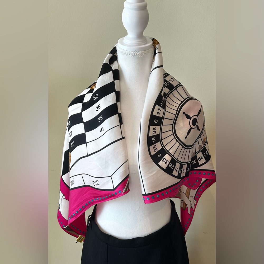 Rare Vintage British Stephen Jones Cream and Pink Silk Scarf Casino 100% silk